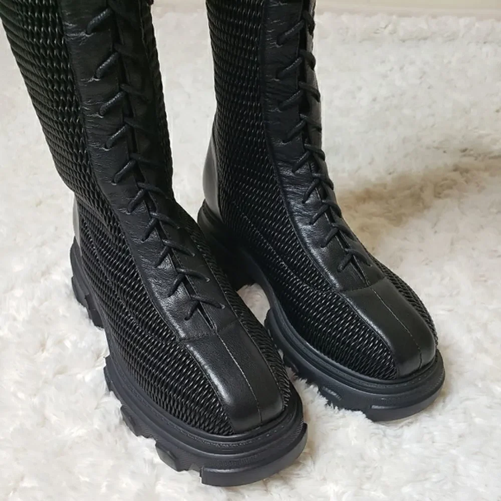 NWOT Front Lace-Up Woven Stretchy Platform Alternative Punk Goth Edgy Boots
